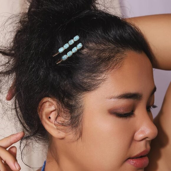 Retro Beads Created Turquoise Hairpins Set of 2 Women's Hair Accessories Bohemia - Picture 2 of 7